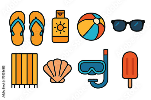 Set of summer beach vacation accessories including flip flops sunscreen and snorkel