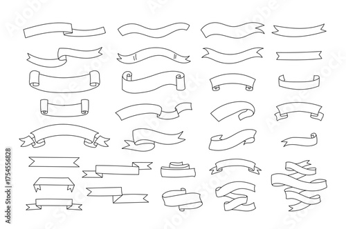 Simple black-and-white ribbon banner templates of different shapes and curls hand drawn set