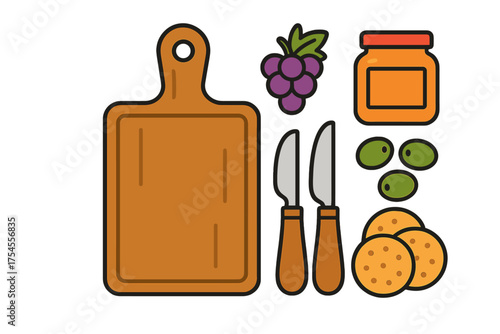 Wooden cutting board with grapes jam knives olives and crackers for appetizer platter