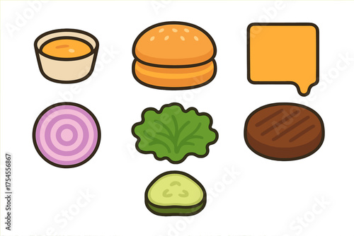 Set of disassembled hamburger ingredients: bun, patty, lettuce, onion, pickle, and sauce