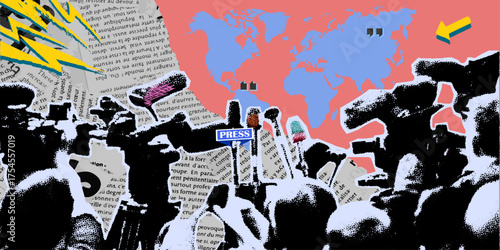 A modern halftone collage. Journalists holding microphones against a background of torn newspapers. News interview. Social media survey. Press conference. Fakes and propaganda. Vector illustration.