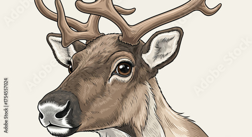 Detailed illustration of a reindeer's head with prominent antlers and brown fur.