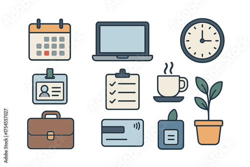 Set of essential business and office productivity icons including calendar, laptop, clock, ID badge, checklist, and briefcase