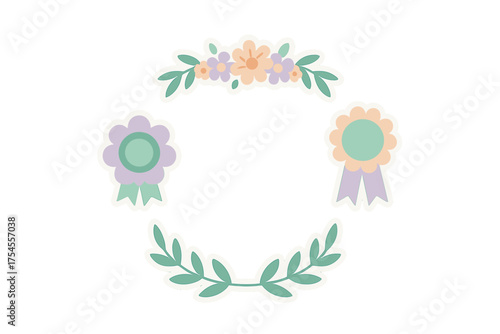Decorative circular frame design with pastel floral elements and award ribbons