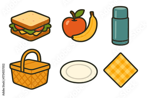 Isometric elements set for picnic lunch: sandwich, fruit, basket, thermos, plate, napkin