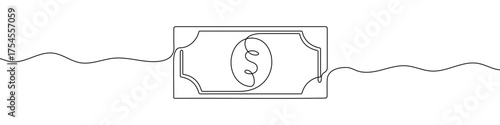 Dollar bill with a dollar sign in one line art style. Dollar bill drawing with editable black stroke on white background. Vector illustration.