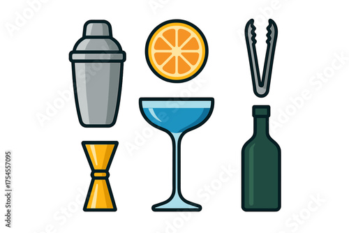 Essential bar tools and cocktail ingredients set including shaker, jigger, glass, tongs, bottle, and orange slice