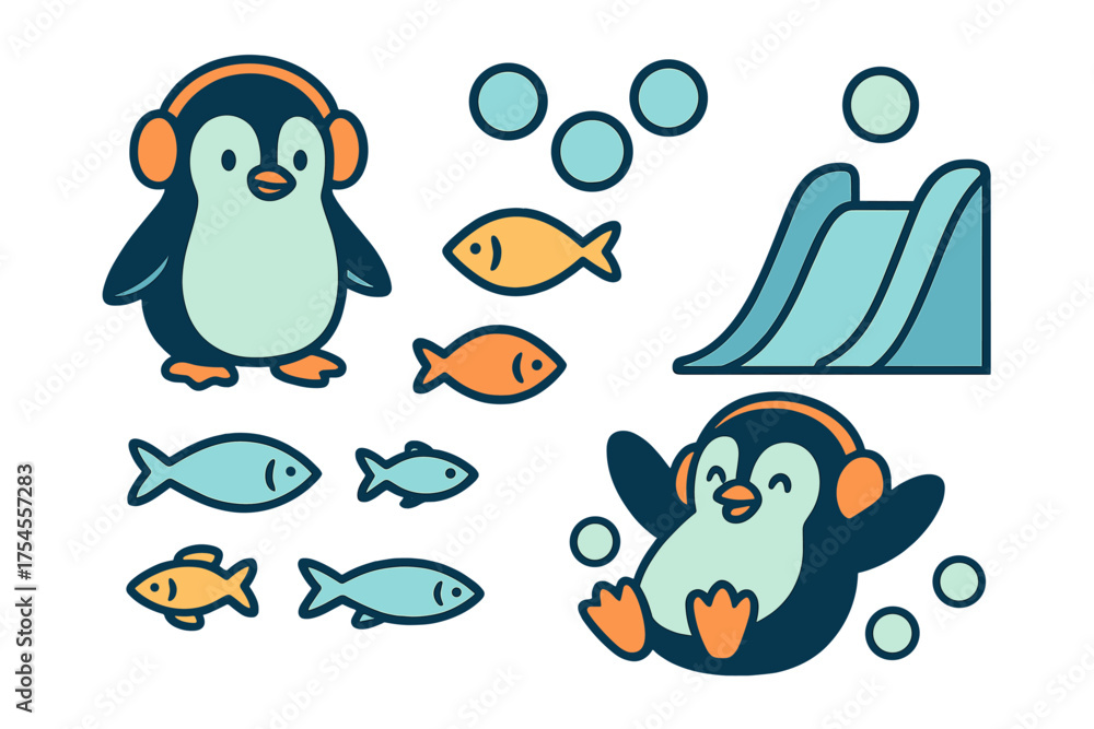 Obraz premium Cute cartoon penguins wearing earmuffs playing on a slide with fish and bubbles