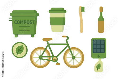 Collection of sustainable living objects including compost bin reusable cup bicycle and solar panel
