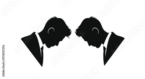 Two silhouetted men in suits bowing their heads in a gesture of respect or defeat.