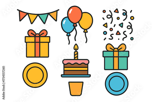 Colorful celebration elements set with wrapped gifts balloons birthday cake and festive confetti