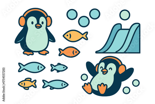 Cute cartoon penguins wearing earmuffs playing on a slide with fish and bubbles