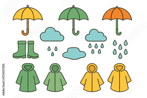 Colorful rain gear assortment featuring open umbrellas, rubber boots, and weather symbols