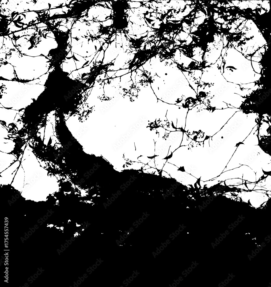 Obraz premium Grunge botanical silhouette of chaotic climbing vines in vector. Background with dark gothic atmosphere for Halloween graphics. Mythical ancient forest isolated illustration