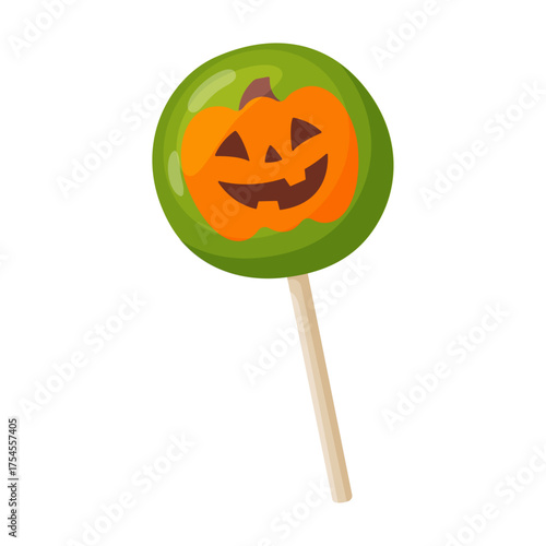 Halloween lollipop with jack o lantern. flat vector style. festive decorative candy. Halloween, spooky October holiday. trick or treat night. for party invitation, poster, greeting card, sticker.