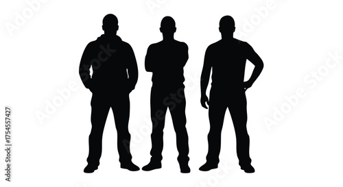 Three men standing in silhouette against a white background, showcasing their distinct poses and casual attire.