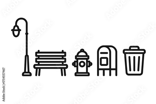 Collection of essential urban street infrastructure elements including lamp post, bench, and mailbox
