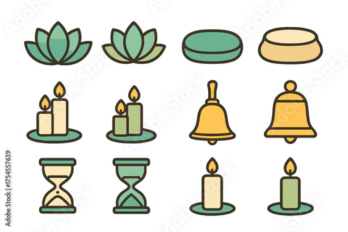 Set of meditation and relaxation symbols featuring lotus blossoms, burning candles, hourglass timers, and ringing bells