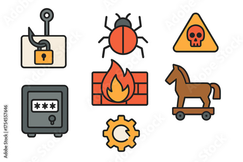 Cybersecurity threats and protection symbols including phishing, malware, firewall, safe, and trojan horse