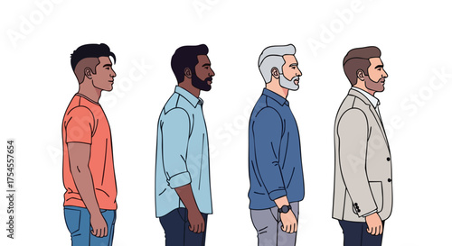 Four men of different ages and ethnicities standing in a line, viewed from the side.