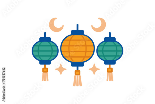Colorful traditional Chinese lanterns hanging decoration with crescent moons and stars