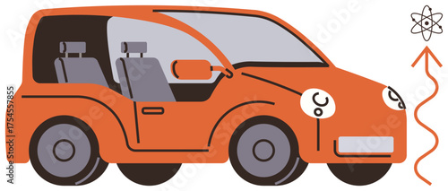 Orange car with atom graphic and energy waves indicating renewable energy. Ideal for electric mobility, green technology, sustainability, innovation, renewable energy, future transportation