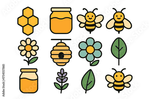 Cute set of elements related to honey production, including bees, jars, flowers, and a beehive