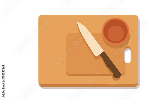 Kitchen preparation setup featuring a large wooden cutting board, sharp chef's knife, and small condiment bowl