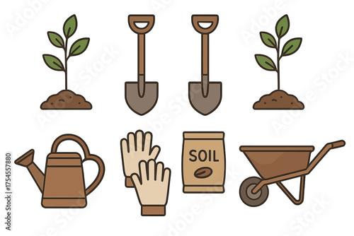 Essential gardening equipment collection including shovel, watering can, gloves, soil, and young plants