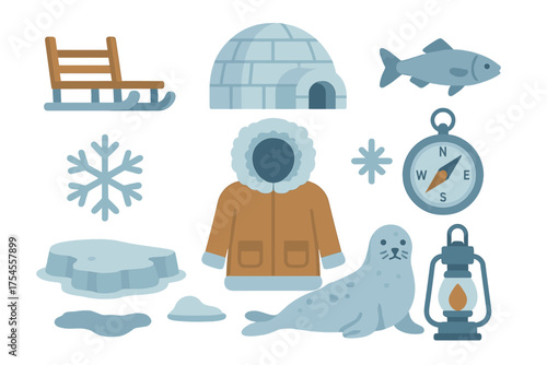 Arctic winter survival and exploration icons including igloo seal sled parka and compass