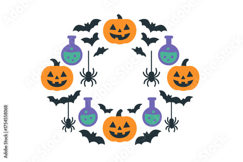 Spooky Halloween circular frame featuring carved pumpkins, bats, spiders, and magic potions