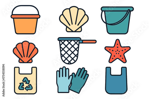 Colorful beach and ocean items for cleanup and summer recreation activities
