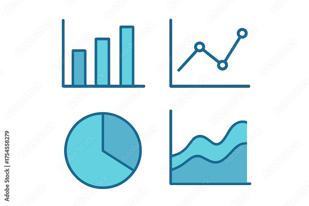 Fototapeta premium Essential data visualization charts set including bar, line, pie, and area graph icons