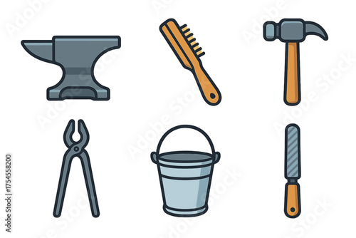 Essential blacksmithing and metalworking tools including anvil, hammer, and tongs