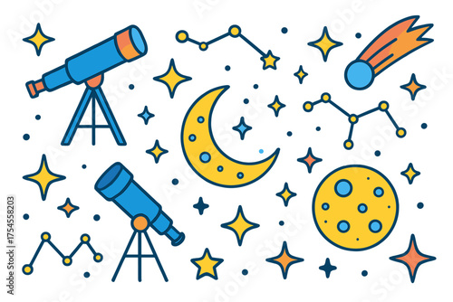 Celestial objects pattern featuring telescopes, crescent moon, full moon, stars, and constellations