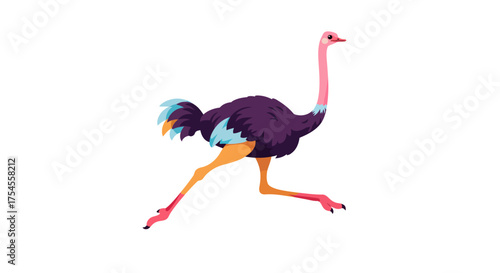Cartoon Ostrich Running with Pink Neck and Purple Feathers
