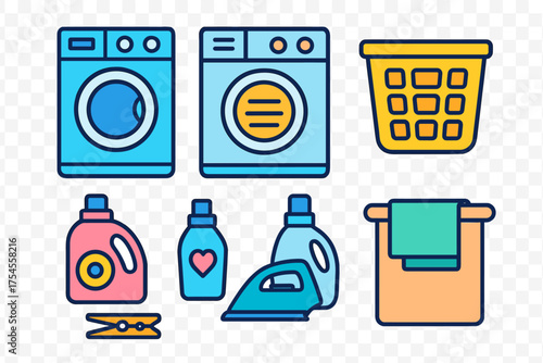 Bright collection of household laundry appliances and cleaning products symbols