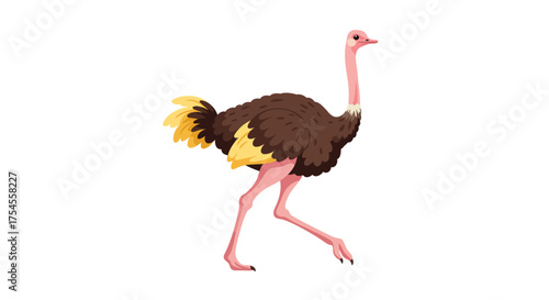 Cartoon Ostrich with Brown Feathers and Pink Legs Walking