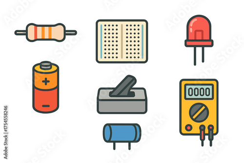 Colorful electronic components set including resistor, battery, LED, switch, and multimeter symbols