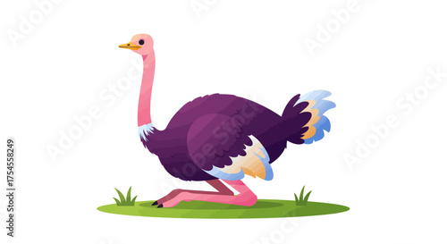 Cartoon Ostrich Sitting on Grass with Plumage Details