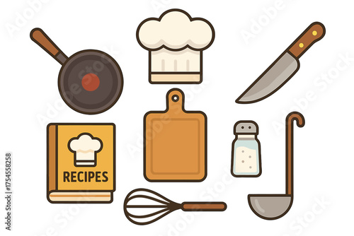 Essential kitchen utensils and cooking equipment set including chef hat, frying pan, knife, and recipe book