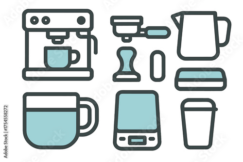 Espresso machine, portafilter, tamper, scale, and cups for essential coffee brewing equipment