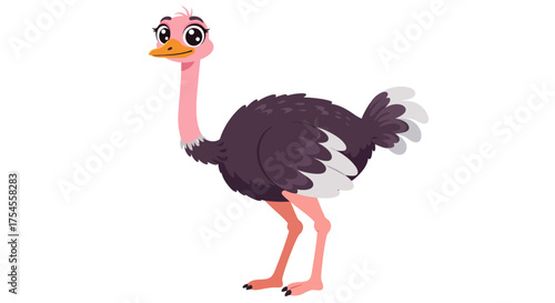 Cartoon Ostrich with Pink Neck and Dark Plumage