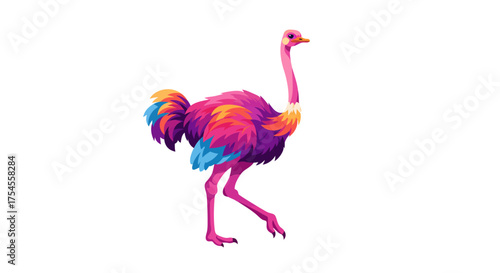 Colorful Ostrich Illustration with Vibrant Plumage and Pink Legs