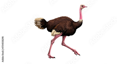 Cartoon Illustration of a Walking Ostrich with Brown Feathers and Pink Neck