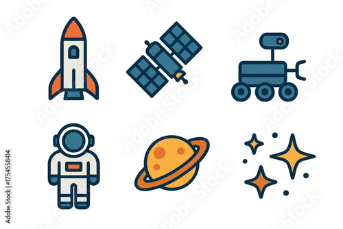 Space exploration elements including rocket, satellite, rover, astronaut, planet, and stars