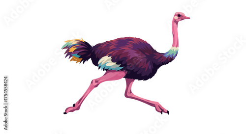 Stylized Ostrich Illustration with Pink Legs and Purple Feathers