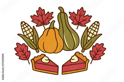 Traditional Thanksgiving harvest arrangement featuring pumpkins, corn, autumn leaves, and dessert slices