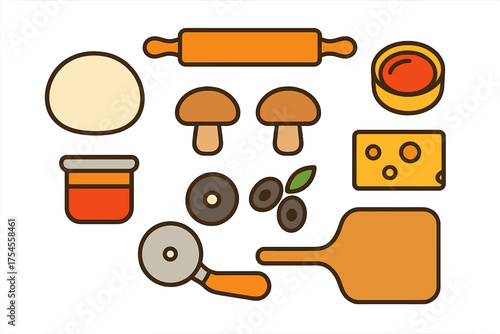 Homemade pizza preparation elements set with dough, rolling pin, sauce, cheese, and toppings
