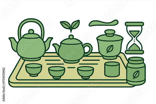 Traditional Asian tea ceremony set with teapots cups and accessories on a serving tray